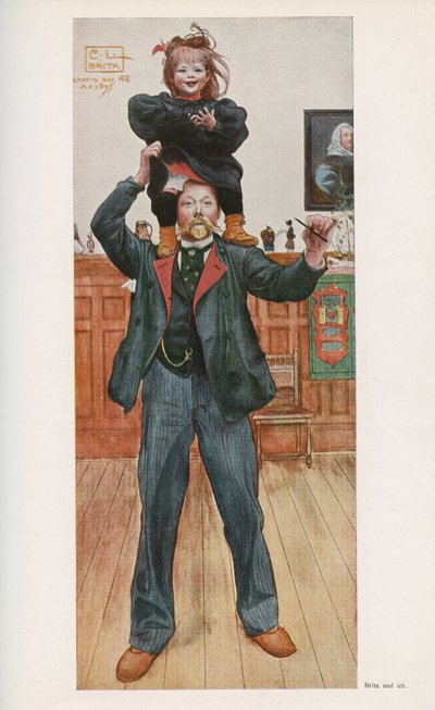 Švédský ilustrátor Carl Larsson (1853-1919) se svou dcerou Britou. Akvarel z ""Das haus in der sonne"" 1921 od Unbekannt