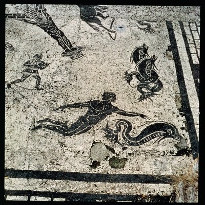 Plavání s delfíny, z Frigidária lázní v Ostii, 2. století našeho letopočtu (mozaika) od Unknown
