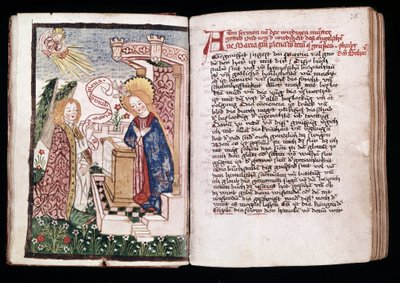 Zvěstování, ilustrace z „Knihy hodin“ (vellum) od Unbekannt