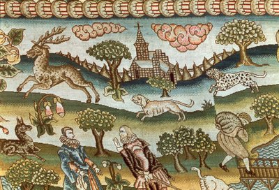 Bradford Table Carpet, detail psů honících jelena, vyšívaný na lněném plátně barevným hedvábím, angličtina, konec 16. století od Unbekannt