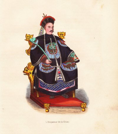 Čínský císař ve vyšívaném rouchu a klobouku s pavím perem sedící na trůnu. Ručně kolorovaný dřevoryt od Merciera podle Pannemakerovy ilustrace z knihy Augusta Wahlena "Mores, Uses et Costumes de tous les Peuples du Monde", Librairie Hist. od Unbekannter Künstler