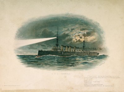 HMS "Terrible", křižník první třídy, postavený společností Barrow in Furness Shipbuilding and Arms Company v roce 1897. Chromolitografie z konce 19. století, autor W. S. Tomkin (). od Unbekannter Künstler