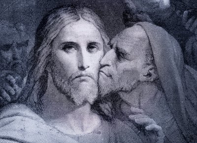 The Kiss – Jidáš Iškariotský líbá Ježíše Krista v Getsemanské zahradě, z „El Mundo Ilustrado“, vydáno Barcelona, kolem roku 1880 od Unbekannt