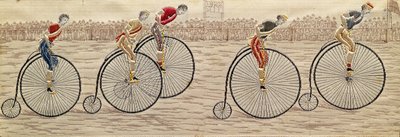 The Last Lap, Penny Farthing Race tkaný hedvábný Stevengraph, autor Thomas Stevens z Coventry od Unbekannter Künstler