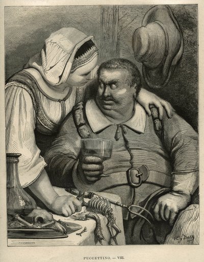 Malý Pouket: zlobr a jeho žena po dojídání. Rytina od Gustava Dore (1832-1883) z „“Les contes““ od Charlese Perraulta (1628-1703) od Unbekannt