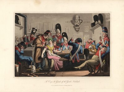 Národní gardisté v gardě, popíjejí s kantýnským, prodavačem alkoholu a hrají karty, kouří dýmku, někteří spí - Eau forte podle ilustrace Victora Auvera z knihy Un tour through Paris, vydané Williamem Samsem. od Unbekannter Künstler
