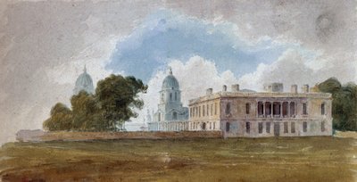 Královnin dům a nemocnice v Greenwichi (Anglie) s kopulemi budov Queen Mary Court a King William Court. Malba připisovaná Davidu Coxovi (1783-1859), akvarel kolem roku 1804. od Unbekannter Künstler