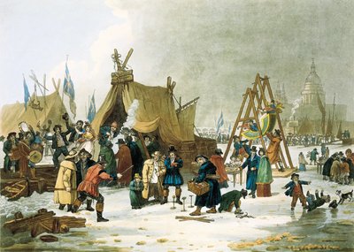 Temže zamrzla v zimě 1813-1814, před zbouráním starého londýnského mostu v roce 1831 Temže zamrzala během velmi chladných zim a Londýňané využili příležitosti a zřídili dětská hřiště, improvizovaná kluziště a postavili deset od Unbekannter Künstler