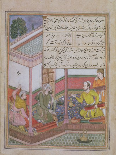 Dvacátá sedmá noc: Zarir a další dva tkalci prodávají látku muži, který držel peněženku, od Tuti Nama (Tutiname) kolem roku 1580 (vellum) od Unbekannt