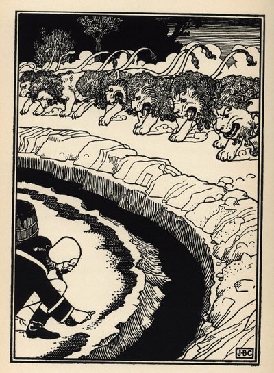Baron se brání útoku lvů zapálením střelného prachu. Ilustrace Williama Stranga (1859-1921) a JB Clarka z „Dobrodružství barona z Munchausenu (Munchhausen) od Rudolfa Ericha Raspeho (1736-1794) (1789) od Unbekannt