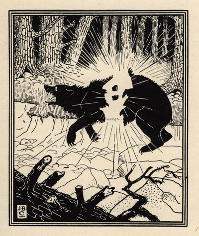 Baron odpálí černého medvěda dvěma pazourky. Ilustrace Williama Stranga (1859-1921) a JB Clarka z „Dobrodružství barona z Munchausenu (Munchhausen) od Rudolfa Ericha Raspeho (1736-1794) (1789) od Unbekannt