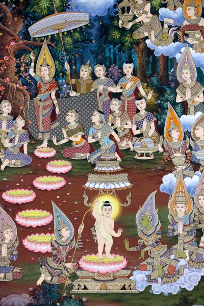 Narození dítěte Siddhartha, nástěnná freska, klášter Wat Maniratanaram, Phnom Penh, 2022 (foto) od Unbekannter Künstler