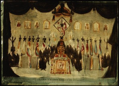 Tělo Horatia Nelsona (1758-1805) odpočívá v malovaném sále bývalé Královské námořní školy v Greenwichi během pohřbu třetího dne, černé prostěradlo, které zakrývá rakev, je odstraněno a po obou stranách stojí černě odění strážní. od Unbekannter Künstler