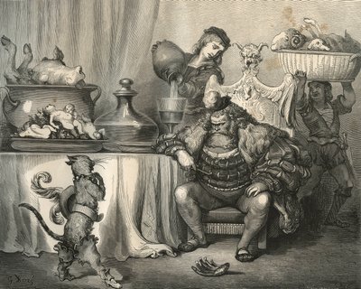 Botová kočka se setkává se zlobrem. Rytina od Gustava Dore (1832-1883) z „“Les contes““ od Charlese Perraulta (1628-1703) od Unbekannt