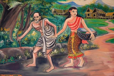 Den před. Setkání s vesničanem. Cesta osvícení. Život Buddhy. Stropní umělecká díla zobrazující život Buddhy. Wat Inpeng. Vientiane. Laos, 20151029, Vientiane, Laos od Unbekannt