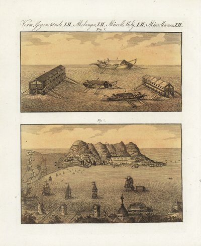 Plovoucí baterie britské armády v Gibraltaru v roce 1782. Dvoupatrová bárka s 210 děly a další jednopatrová bárka navržená francouzským inženýrem Arconem k bombardování města. Plovoucí baterie britského námořnictva v Gibraltaru od Unbekannter Künstler