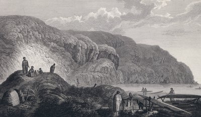 Obyvatelé Oonalashky (nebo Unalaska, Aljaška, Spojené státy) a jejich domovy. Rytina z konce 18. století, podle Johna Webbera (1751-1793). od Unbekannter Künstler