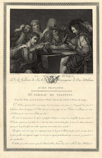 Hudba. Rytina galerie Jeho Excelence vévody orleánského podle obrazu malíře Le Valentina. od Unbekannter Künstler