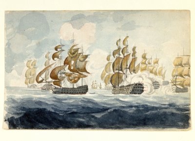 Námořní manévr Alexandra Hooda, vikomta Bridporta (1726-1814) u pobřeží Lorientu (Francie) během bitvy u ostrova Île de Groix (1795). Akvarel od Unbekannter Künstler