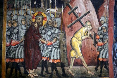 Umučení Krista Simon nese kříž Byzantská freska z kláštera Agios Ioannis Lampadistis, Saint John Lampadistis Kypr 11. století Malované kostely UNESCO Troodos, Kypr od Unbekannt