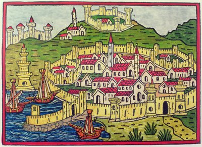 Přístav a město Neapol v roce 1482, z „Cosmographia Universalis“ (dřevotisk) od Unbekannter Künstler