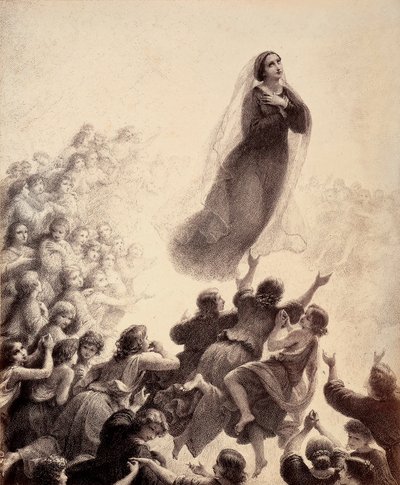 Duchové blahoslavených s rozpřaženýma rukama doprovází Mariin návrat do Empyrea zpěvem. Ilustrace z Canto XXIII v Paradisu Božské komedie od Dante Alighieriho. Dílo Francesca Scaramuzzy věnované florentskému magistrátu. od Unbekannter Künstler