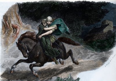 Vojevůdce germánského kmene Cherusků Arminius (Armenius) (18 př. n. l. - 21 n. l.) unášející Thusneldu (Arminius (Hermann), náčelník germánských Cherusků, a jeho žena Thusnelda) Rytina z knihy "Germania" od Johannese Scherra 1880 Soukromá sbírka od Unbekannter Künstler