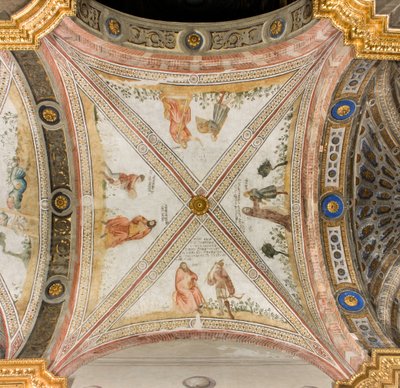 Transept na jih, třetí západní úsek, Isaac žádá Exhaù, aby mu přinesla hru, Rebecca obléká Jacoba do šatů Exhaù, Jacob mylně označený za Exhaù dává jídlo Izákovi, Esaac se vrací se zvěří, Katedrála Santa Maria Assunta, Duomo, Cremona, Lombardie, Itálie ( p od Unbekannt