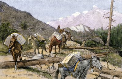Přeprava zásob a kožešin na koních ve Skalistých horách, USA. Z ilustrace Frederica Remingtona. Balíkový vlak převážející zásoby nebo kožešiny přes Skalisté hory od Unbekannter Künstler