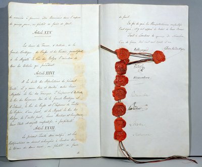 Smlouva o založení Belgie jako suverénního státu, podepsaná 15. listopadu 1831 na londýnské konferenci (pero, inkoust a vosk na papíře) od Unbekannt