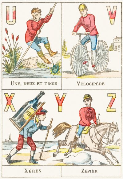 U V X Y Z; U: Jedna, dvě a tři; V: Velociped; X: sherry; Z: Zephir - Games Alphabet, c.1890 (rytina) od Unbekannt