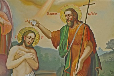 Ukrajina, Kyjev, Kyjev-Percherska Lavra (pravoslavný jeskynní klášter-pův. 1051), Uspenská katedrála-freska Křest Krista od Unbekannt