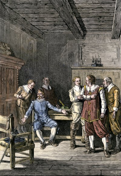 Spojené státy americké, Massachusetts: (1588-1649) a Thomasem Dudleym (1576-1653) v kolonii Massachusettského zálivu. Barevná rytina z 19. století. od Unbekannter Künstler