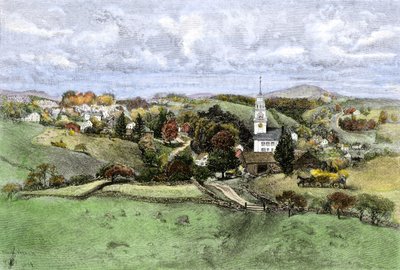 Spojené státy americké, stát New Hampshire: Village of New Boston, New Hampshire roky 1800. Barevná rytina z 19. století. od Unbekannter Künstler