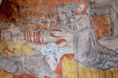 Kostel Vault de Lugny. Nástěnná malba 16. století. Kristus ve svém utrpení. Getsemane, modlí se Ježíš, mezitím učedníci odpočívají. Francie Â od Unbekannt