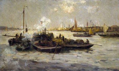 Pohled na Limehouse, Anglie, s popisem industrializace Temže na konci viktoriánské éry (konec 19. století) a vlečných lodí, kutrů a bárek, v pozadí Bílá věž svatého Jiří. od Unbekannter Künstler