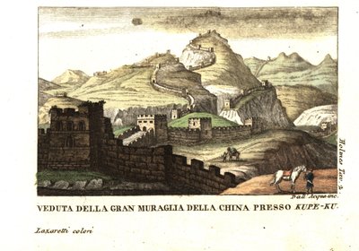 Pohled na Velkou čínskou zeď u Kou-Pee-Keow, na průsmyku mezi Čínou a Východní Tatrou. Z knihy Samuela Holmese (18.-19. století) Journal of a Voyage to China and Tartary. Mědirytina od dell