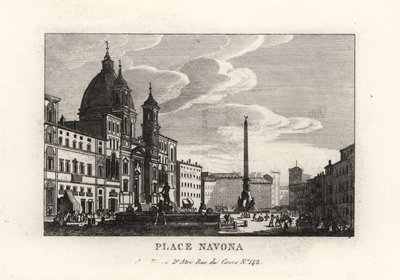 Pohled na náměstí Piazza Navona, s fontánou, egyptským obeliskem a kostelem Sant