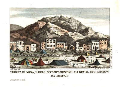 Pohled na vesnici Mína v poušti Arafát (Stanové město, Mekka, Saúdská Arábie). Ilustrace Aliho Beye el Abbassiho z knihy Travels in Morocco, Tripoli, Cyprus, Egypt, Arabia, Syria and Turkey, London 1816. Mědirytina od dell