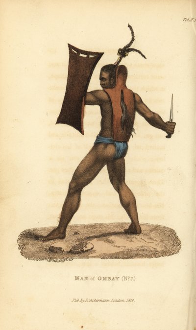 Bojovník Ombai se zbrojí, štítem a krisem. Vlasy nosí svázané do drdolu. Muž z ostrova Ombai (Ombay), Indonésie. Ručně kolorovaná mědirytina podle ilustrace Jacquese Araga z knihy Frederica Shoberla Svět v miniatuře: The Asiat od Unbekannter Künstler