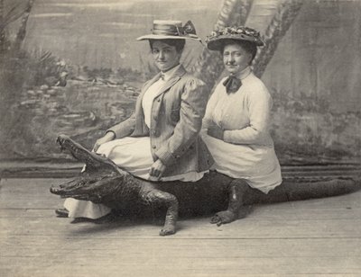 Ženy sedící na vycpaném aligátorovi, cca 1905 (černobílá fotografie) od Unbekannter Künstler