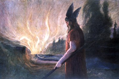 Wotan před kůlem Brunnhildy, počátek 20. století (pohlednice) od Unbekannter Künstler