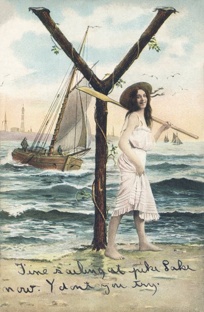 Y: Bosá žena v krátkých šatech bez rukávů drží veslo přes levé rameno. Mořský dekor - abecední znaky Ref Th. E., L. Theochrom - Serie 994. Theodor Eisman, vydavatel, Lipsko od Unbekannt