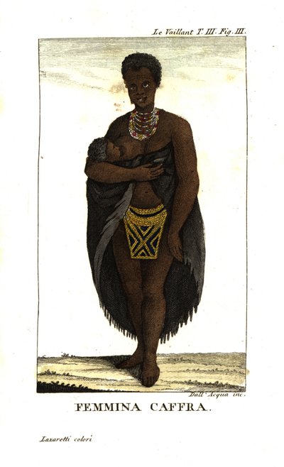 Mladá žena ze Sanu kojící dítě, Jihoafrická republika. Na sobě má plášť, náhrdelníky a sukni z korálků. Od Francoise Le Vaillanta (Levaillant od Unbekannter Künstler