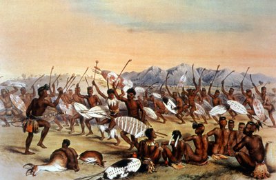 Lovecký tanec Zuluů, asi 1848-1849 (rytina) od Unbekannter Künstler