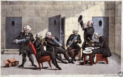 amatéři hrající courante, francouzská karikatura proti lékařům (držícím injekční stříkačky a nočníky jako hudební nástroje) a purgativu v 18. století, rytina Elgelmanna, kolem roku 1830 od Unbekannter Künstler