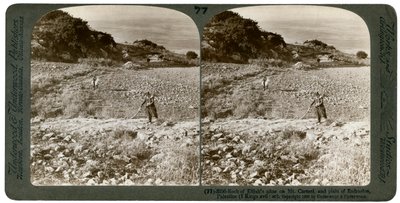 Skála Eliášova oltáře na hoře Karmel a rovina Esdraelon, Palestina, 1900. od Underwood and Underwood