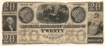 20 dolarová bankovka vydaná společností Augusta Insurance & Banking Co., Augusta, Georgia v roce 1858 s rytinami Deklarace nezávislosti po Trumbullovi, Washington po Stuartovi (?) od Unknown