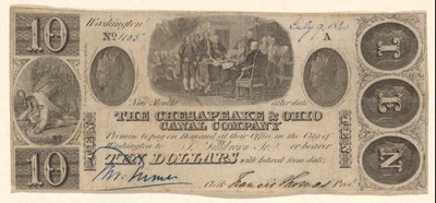 Bankovka v hodnotě 10 USD vydaná společností The Chesapeake and Ohio Company s vinětou Trumbulla od Unknown