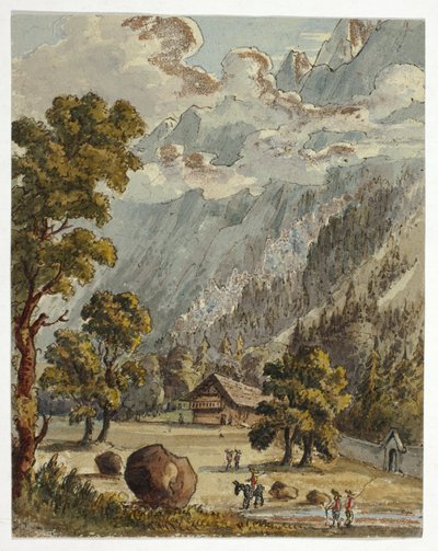 Chata a zahrada pod Alpami (recto); vesnice a ledovec du Boissons, Chamix (verso) od Unknown